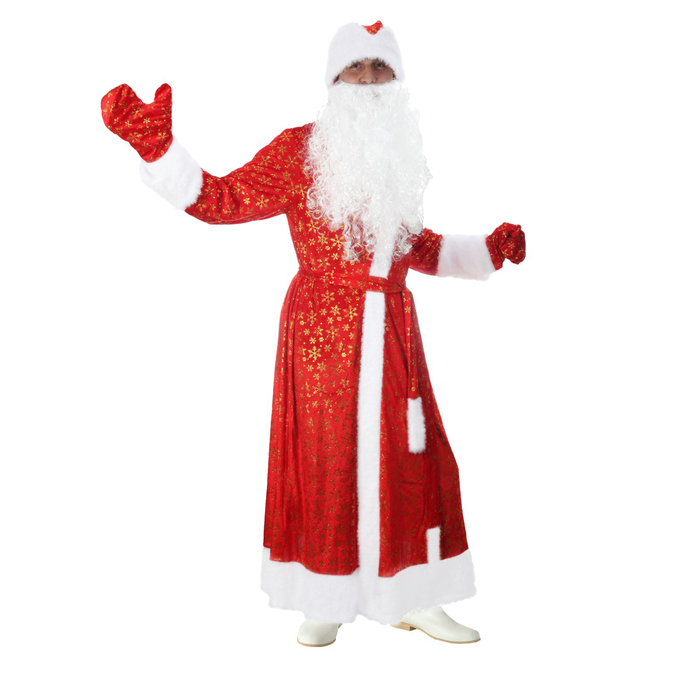 Карнавальный костюм Деда Мороза "Золотые снежинки", шуба, пояс, шапка, варежки, борода, р-р 48-50, рост 176-182 см, мех МИКС - фото 1890712458