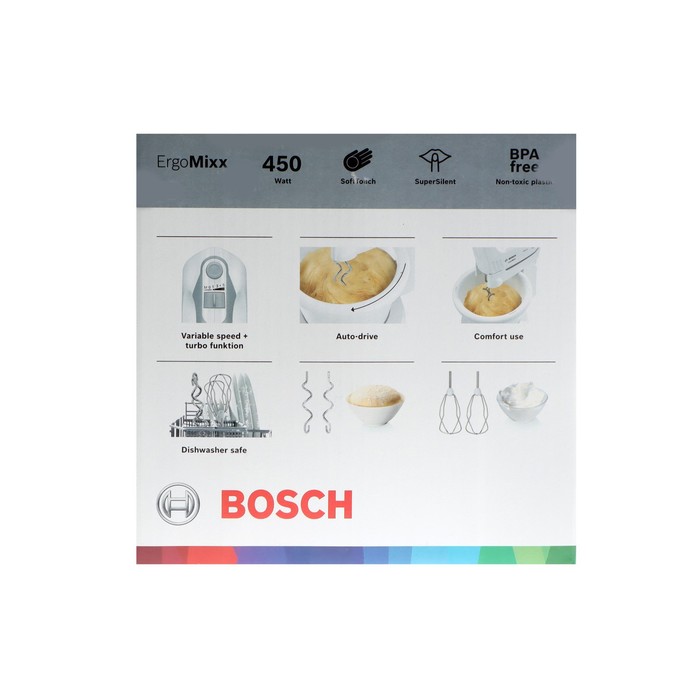 Миксер Bosch MFQ 36460, 450 Вт, 3 л, 5 скоростей, кнопка отсоединения насадок - фото 51331531