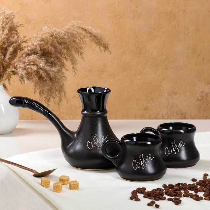 Кофейный набор "Coffee", 3 предмета, тёмно-коричневый, матовый, керамика, 0.65/0.25 л - Фото 1
