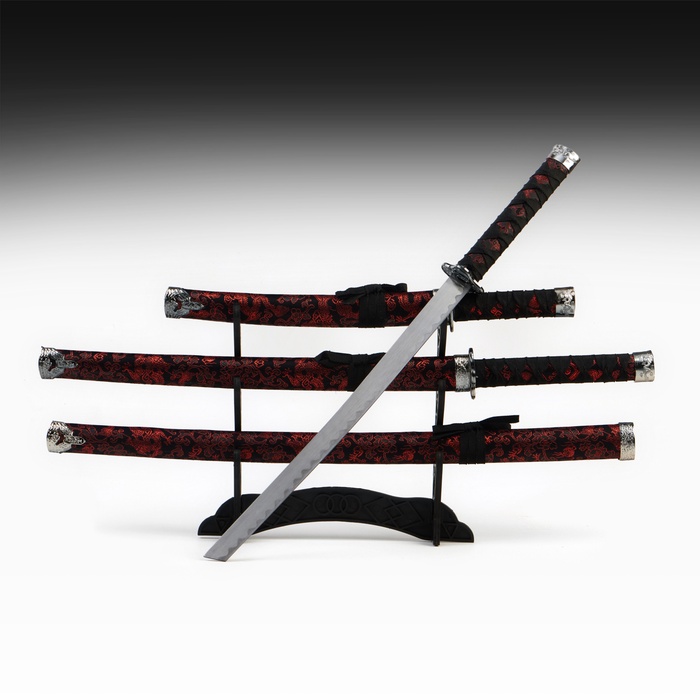 Макет оружия «Сувенирные катаны на подставке 3в1. Драконы красные на чёрном», ножны ткань, 47 см; 70 см; 89 см - Фото 1