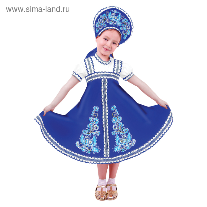 Карнавальный русский костюм "Птица Феникс", платье-сарафан, кокошник, цвет синий, р-р 32, рост 122-128 см - Фото 1