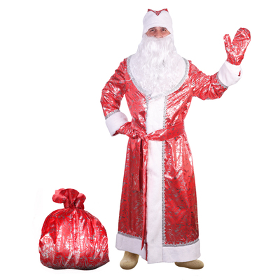 Карнавальный костюм "Дед Мороз серебристый", атлас, шуба, шапка, пояс, варежки, борода, мешок, р-р 48-50