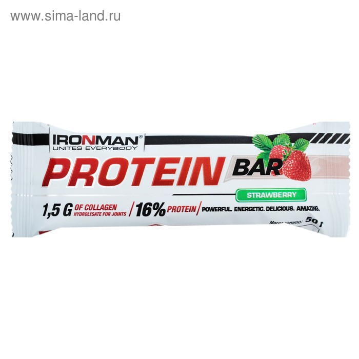 Россия "IRONMAN" Батончик "Protein Bar" с коллагеном, Клубника / белая глазурь 50 г - Фото 1