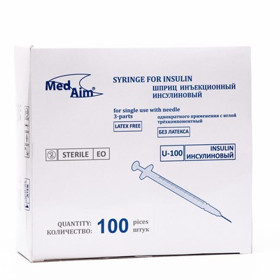 Шприц инсулиновый 1 мл с иглой 0,45*12 мм (26G*1/2 ) без латекса
