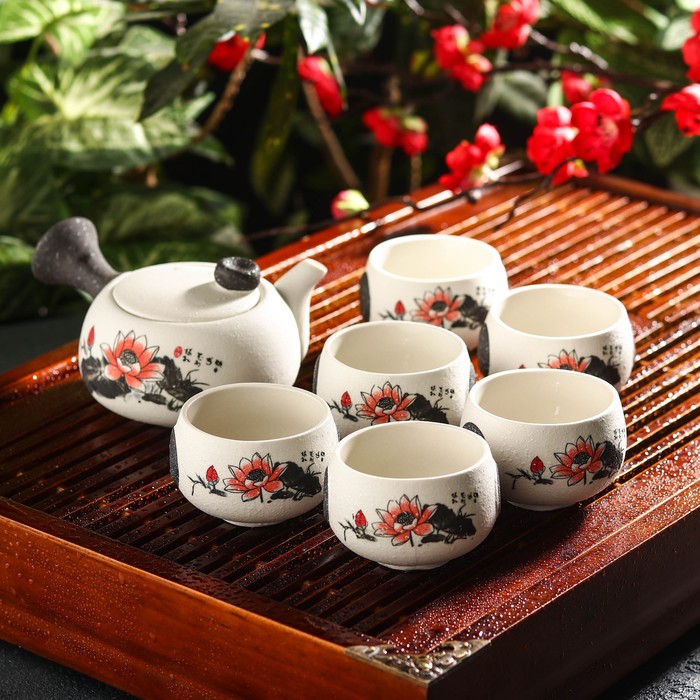 Набор для чайной церемонии керамический «Нежный цветок», 7 предметов: чайник 180 мл, 6 чашек 70 мл, цвет белый - Фото 1
