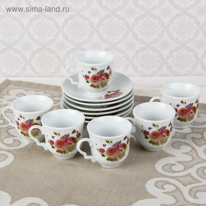 Сервиз керамический кофейный "Утонченность", 12 предметов: чашка d=6 см, блюдце d=12 см - Фото 1