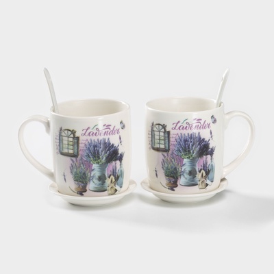 Набор кружек с ложками и подставками «Букет лаванды», 2 предмета: 330 мл, керамика, рисунок МИКС