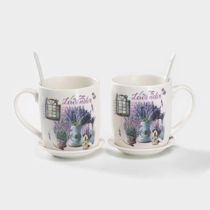 Набор кружек с ложками и подставками «Букет лаванды», 2 предмета: 330 мл, керамика, рисунок МИКС - Фото 1