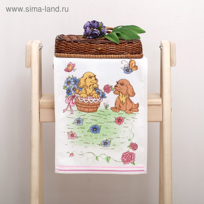 Полотенце махровое " Собачка в корзинке", цв розовый 25х50 см, хл100, 380 г/м - Фото 1