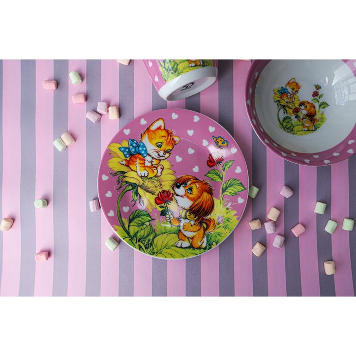 Набор детской посуды из керамики Доляна «Дружба», 3 предмета: кружка 230 мл, миска 400 мл, тарелка d=18 см, цвет белый - фото 1895136288