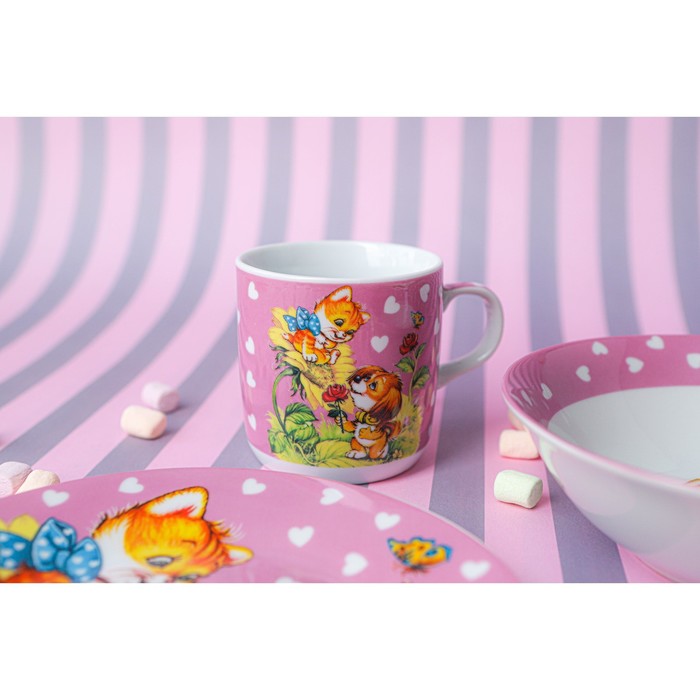 Набор детской посуды из керамики Доляна «Дружба», 3 предмета: кружка 230 мл, миска 400 мл, тарелка d=18 см, цвет белый - фото 1895136289