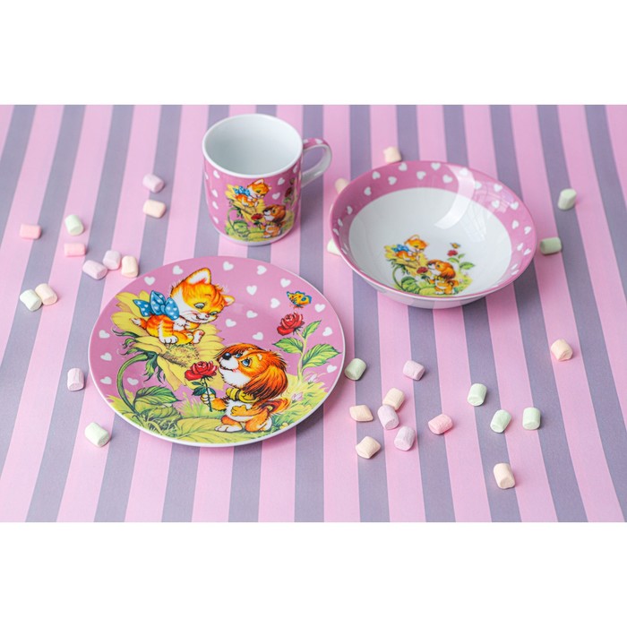 Набор детской посуды из керамики Доляна «Дружба», 3 предмета: кружка 230 мл, миска 400 мл, тарелка d=18 см, цвет белый - фото 1909817039