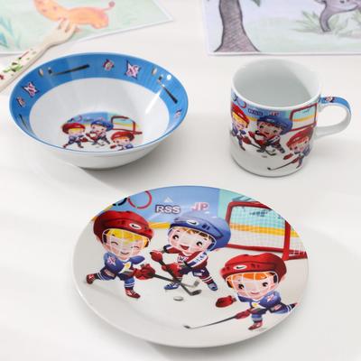 Набор детской посуды Доляна «Хоккеисты», 3 предмета: кружка 220 мл, миска 400 мл, тарелка 18 см