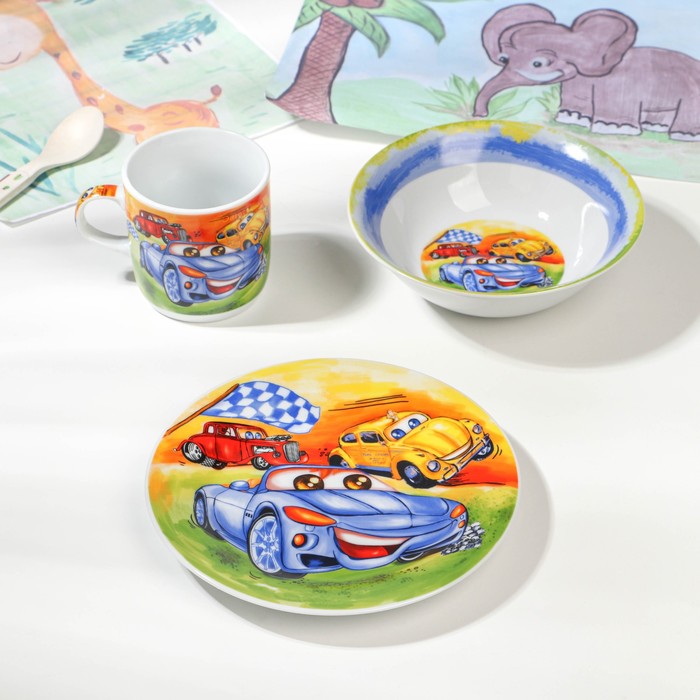 Набор детской посуды из керамики Доляна «Гонки», 3 предмета: кружка 230 мл, миска 400 мл, тарелка d=18 см - фото 1909817056