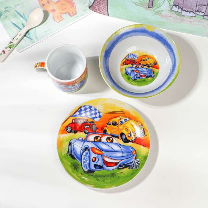 Набор детской посуды из керамики Доляна «Гонки», 3 предмета: кружка 230 мл, миска 400 мл, тарелка d=18 см - фото 1909817052