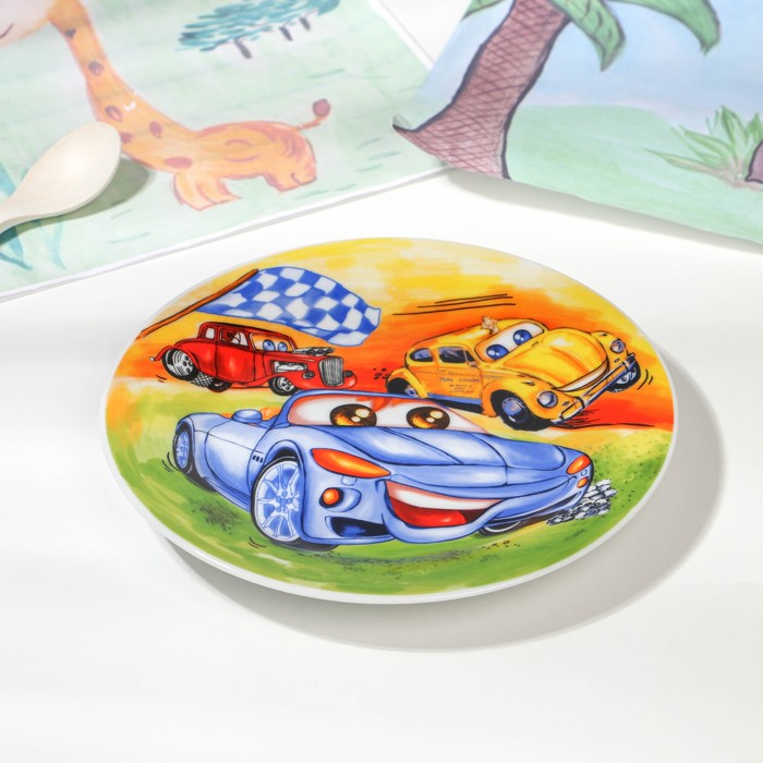Набор детской посуды из керамики Доляна «Гонки», 3 предмета: кружка 230 мл, миска 400 мл, тарелка d=18 см - фото 1909817057