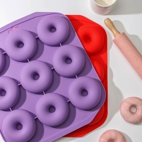 Форма для выпечки Доляна «Сладости. Пончик», силикон, 28,5х28,5х3 см, 9 ячеек (d=8 см), цвет розовый