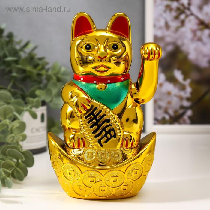 Сувенир кот пластик "Манэки-нэко на слитке" h=17 см, золото