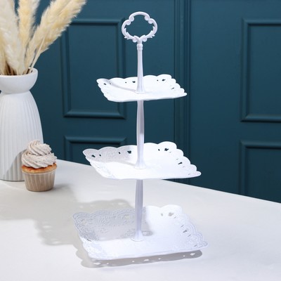 Этажерка для фруктов и десертов «Вивьен», 3 ярусная, пластик, квадратная, 12,5/16,5/20 см, белая