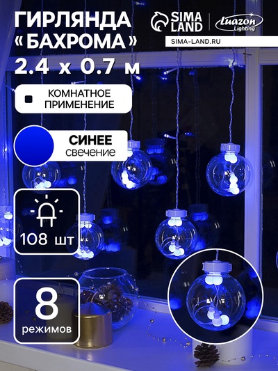 УЦЕНКА Гирлянда «Бахрома» 2.4×0.7 м с насадками «Шарики», IP20, 108 LED, 220 В, 8 режимов, прозрачная нить, свечение синее