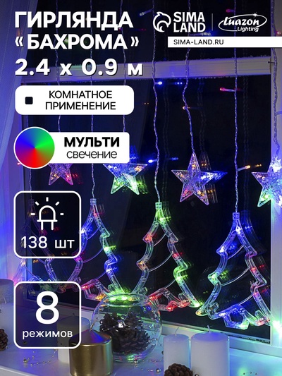 УЦЕНКА Гирлянда «Бахрома», 2.4×0.9 м, с насадками «Ёлки», IP20, 138 LED, 220 В, 8 режимов, прозрачная нить, свечение мульти