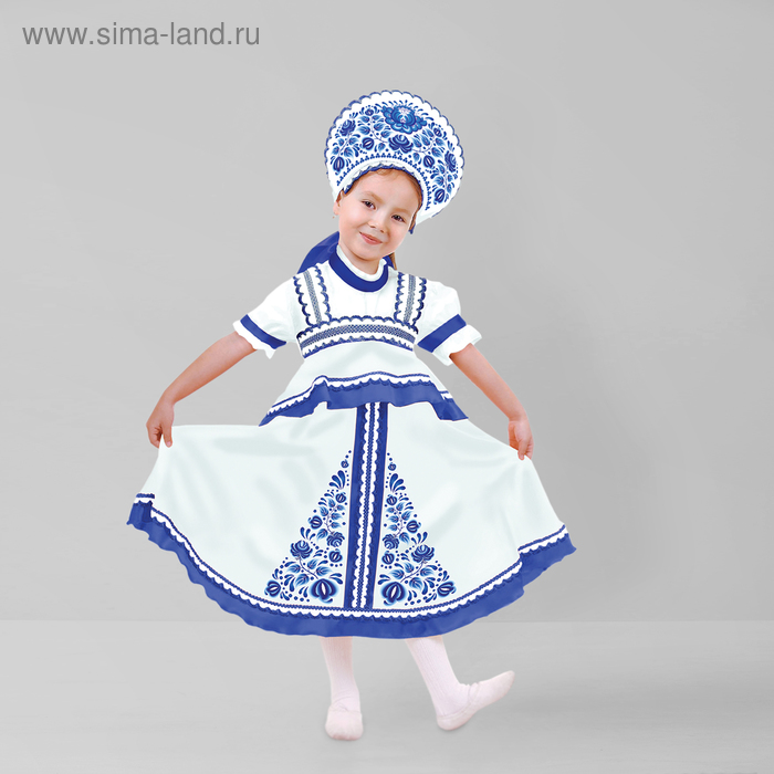 Карнавальный русский костюм "Синие цветы", платье-сарафан, кокошник, цвет белый, р-р 28, рост 98-104 см - Фото 1