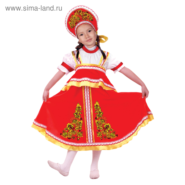 Карнавальный русский костюм "Хохлома, цветы", платье-сарафан, кокошник, цвет красный, р-р 28, рост 98-104 см - Фото 1