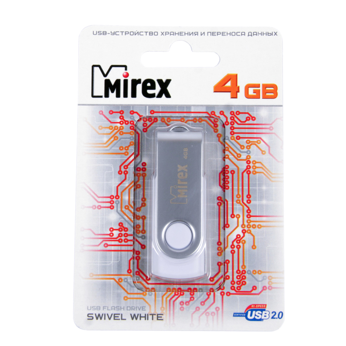 Флешка Mirex SWIVEL WHITE, 4 Гб, USB2.0, чт до 25 Мб/с, зап до 15 Мб/с, белая - фото 51294115