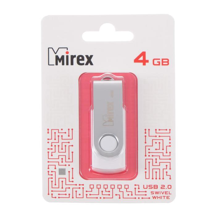 Флешка Mirex SWIVEL WHITE, 4 Гб, USB2.0, чт до 25 Мб/с, зап до 15 Мб/с, белая - фото 51294117