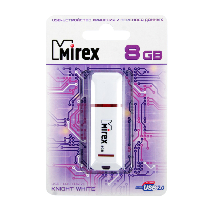 Флешка Mirex KNIGHT WHITE, 8 Гб, USB2.0, чт до 25 Мб/с, зап до 15 Мб/с, белая - фото 51294124