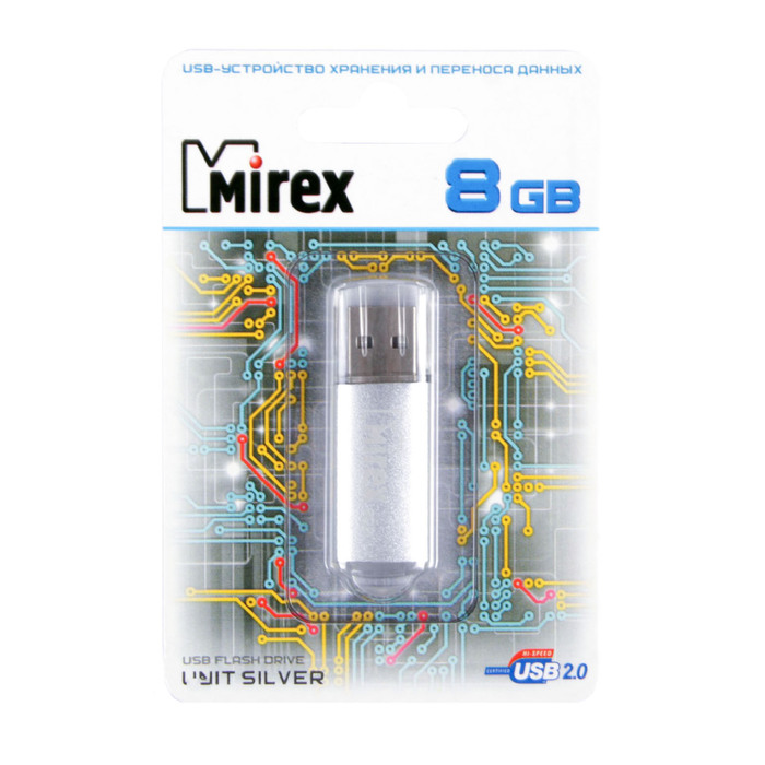 Флешка Mirex UNIT SILVER, 8 Гб, USB2.0, чт до 25 Мб/с, зап до 15 Мб/с, серебряная - фото 51815783