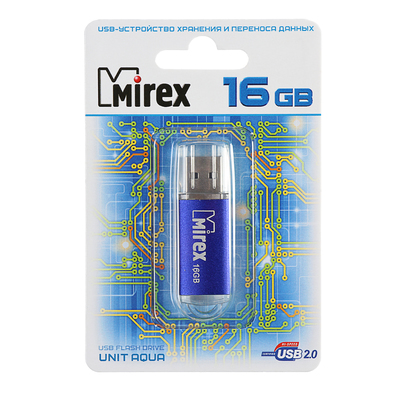 Флешка Mirex UNIT AQUA, 16 ГБ, USB 2.0, чтение до 25 Мб/с, запись до 15 Мб/с, синяя