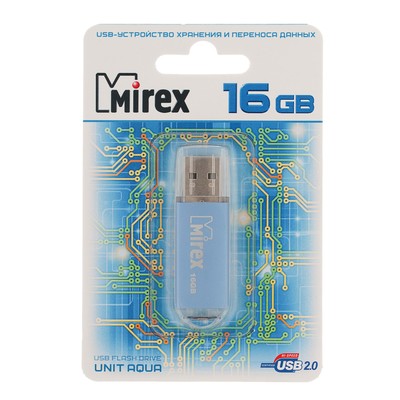 Флешка Mirex UNIT AQUA, 16 ГБ, USB 2.0, чтение до 25 Мб/с, запись до 15 Мб/с, синяя