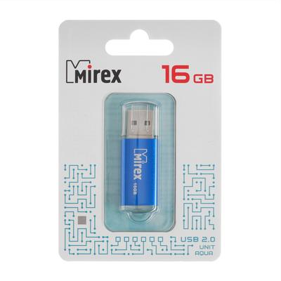 Флешка Mirex UNIT AQUA, 16 ГБ, USB 2.0, чтение до 25 Мб/с, запись до 15 Мб/с, синяя
