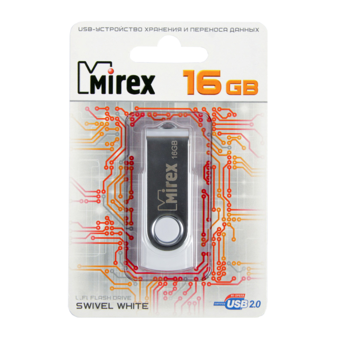 Флешка Mirex SWIVEL WHITE, 16 Гб, USB2.0, чт до 25 Мб/с, зап до 15 Мб/с, белая - фото 51294176