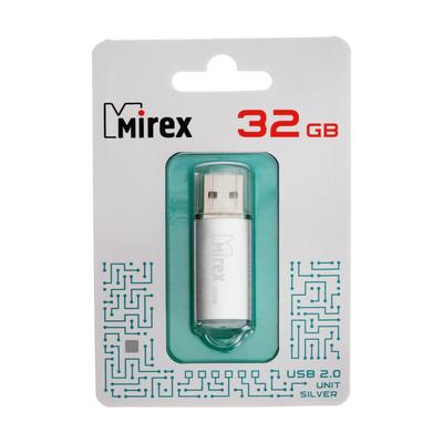 Флешка Mirex UNIT SILVER, 32 ГБ, USB 2.0, чтение до 25 Мб/с, запись до 15 Мб/с, серебристая