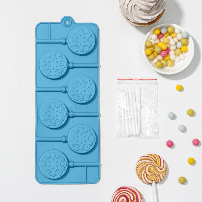 Форма для леденцов новогодняя Доляна «Морозко», силикон, 24×9.5×1.5 см, 6 ячеек (4×4 см), с палочками, голубая - Фото 1