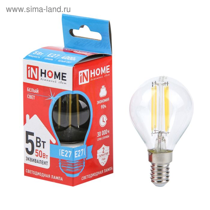 Лампа светодиодная IN HOME, G45, 5 Вт, Е14, 450 Лм, 4000 К, дневной белый, прозрачная - Фото 1