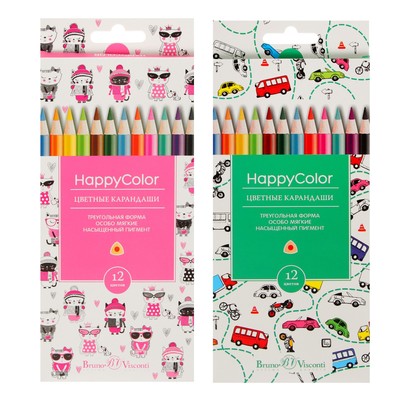 Карандаши цветные 12 цветов BrunoVisconti Happycolor, трёхгранные, МИКС