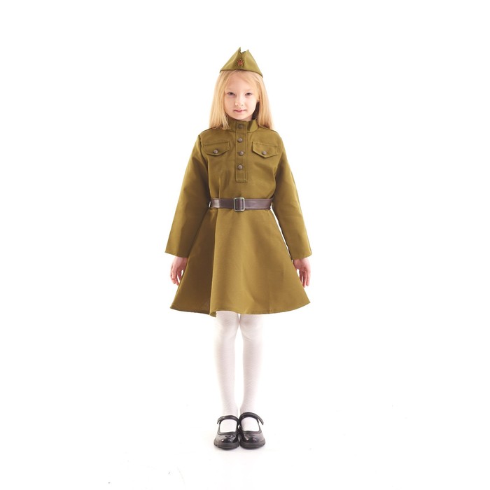 Карнавальный костюм для девочки, военное платье, пилотка, ремень, 3-5 лет, рост 104-116 см - Фото 1