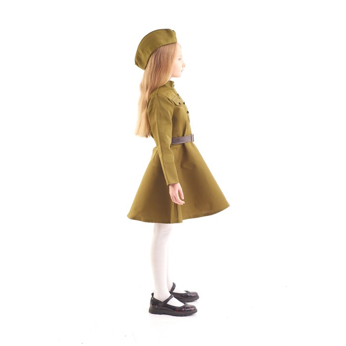 Карнавальный костюм для девочки, военное платье, пилотка, ремень, 5-7 лет, рост 122-134 см - фото 1884811655