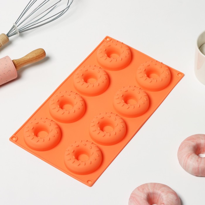 Форма для выпечки Доляна «Сладости.Пончики с кунжутом», силикон, 28,5×17 см, 8 ячеек (d=6,3 см), цвет МИКС