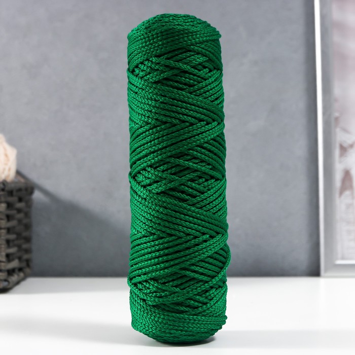 Шнур для вязания без сердечника 100% полиэфир, ширина 3мм 100м/210гр, (49 т. зеленый) - Фото 1