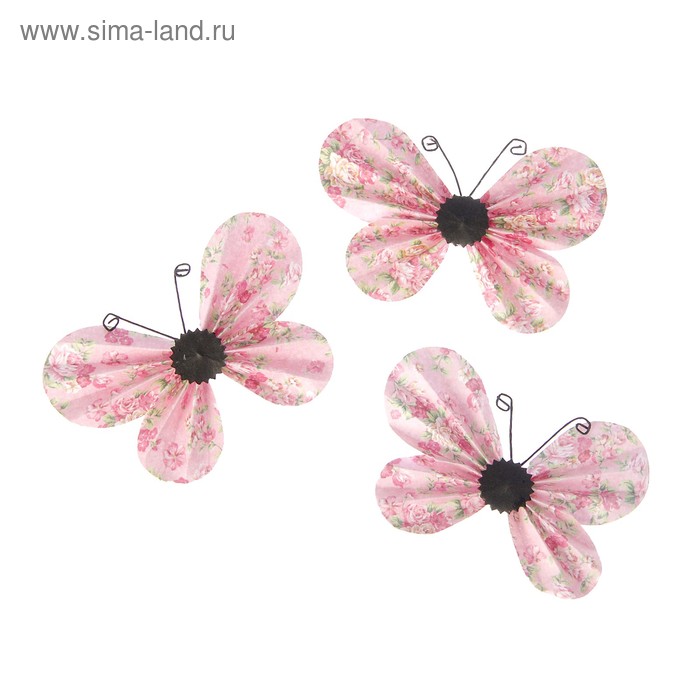 Декор для творчества "Розовые бабочки в цветах" набор 3 шт 5х8,5 см - Фото 1