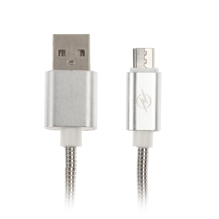 Кабель LuazON, microUSB - USB, 1 А, 1 м, оплётка металл, цвет: серебро - фото 1899563989