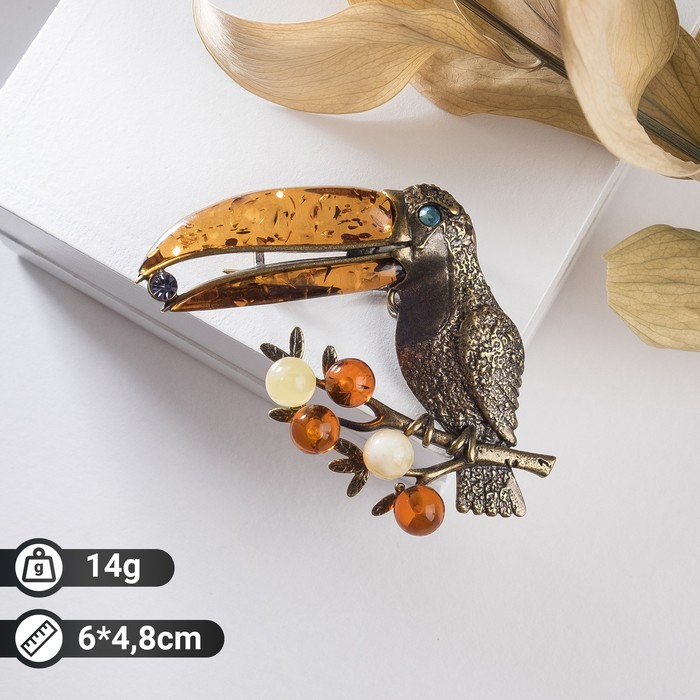 Брошь «Янтарь» тукан, цветная в бронзе - Фото 1