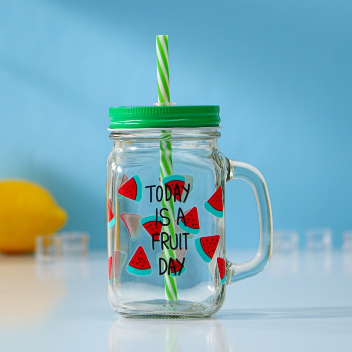 Банка с трубочкой Доляна «Счастливый день», 450 мл, 10.5×7.5×13 см, стекло, МИКС - Фото 1