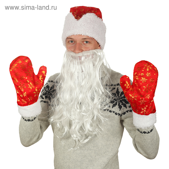 Набор взрослый"Новогодний"шапка с золотыми снежинками,варежки, борода,плюш,р-р 56-59 - Фото 1