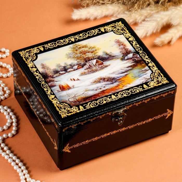 Шкатулка - сундук «Деревня у ручья», лаковая миниатюра, 22х22х11,5 см - Фото 1