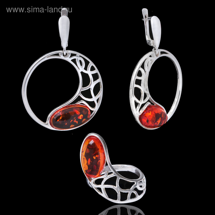 Гарнитур посеребрение 2 предмета: серьги, кольцо «Янтарь» затмение, цвет коричневый, 19 размер - Фото 1